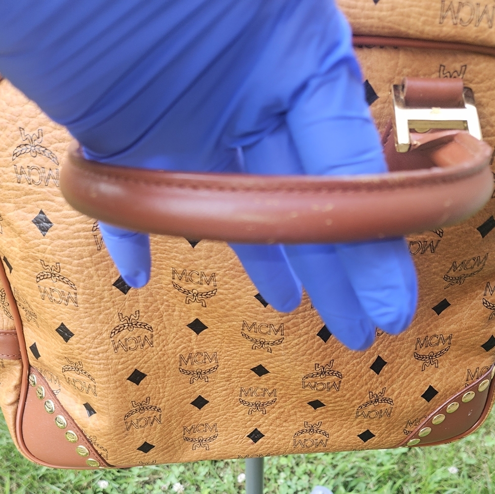 MCM Tan and Brown Satchel with Iconic Monogram and Gold Hardware W/ COA - Picture 13 of 16